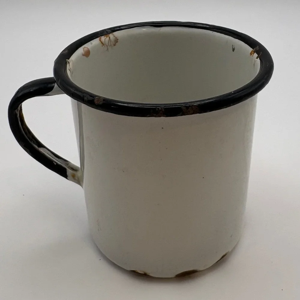 Vintage White Enamelware Double Boiler Saucepan Mug Black Trim Farmhouse 5 Piece